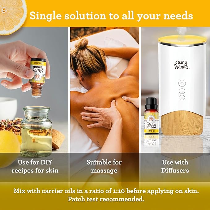 GuruNanda Lemon Essential Oil - 100% Pure, Natural, Undiluted Aromatherapy Oil for Diffusers, Massage & DIY Recipes - Fresh Citrus Scent (2x0.5 Fl Oz)