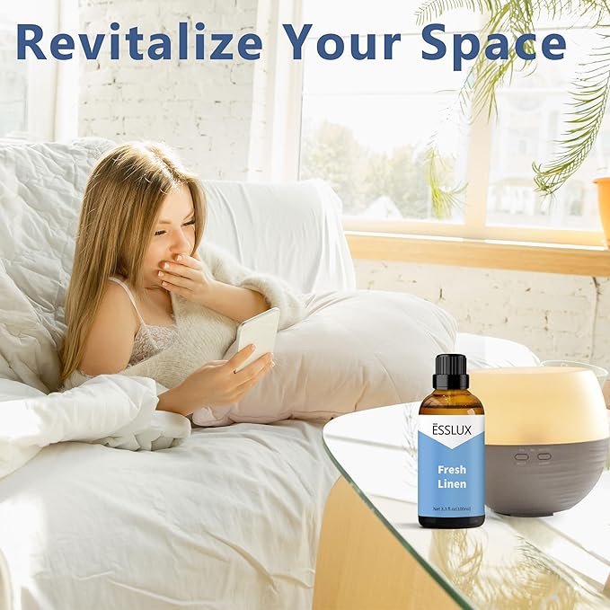 Fresh Linen Fragrance Oil, ESSLUX Large Single Scented Oils 100 ml (3.3 oz), Clean Aromatherapy Essential Oils for Home for Diffuser, Massage, Soap, Candle Making Scents