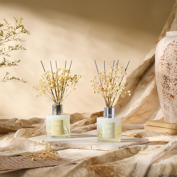 Airkeep Reed Diffuser 3.38 oz (100ml) 2pk, Clean Linen Scented Reed Diffuser Set,Reed Diffuser & Oil Diffuser Sticks, Aromatherapy, Airkeep Reed Diffuser Set Box 2-Clean Linen