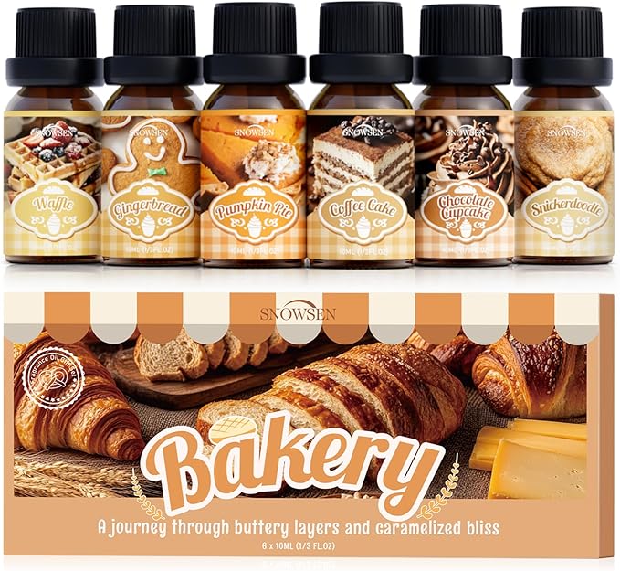 Bakery Essential Oils Gift Set, SNOWSEN Dessert Fragrance Oils for Diffuser for Home, Pumpkin Pie, Waffle, Coffee Cake, Chocolate Cupcake, Gingerbread, Snickerdoodle Aromatherapy Oils