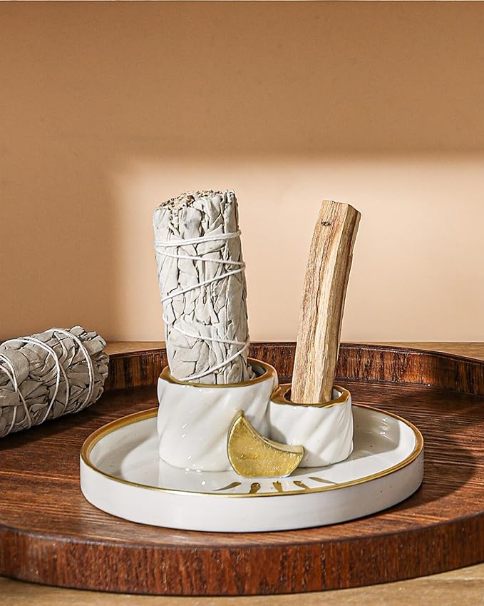Ceramic Incense Holder Burner, Sage Holder for Burning, Palo Santo Sticks Holder, 5.51" Ash Catch Tray, Smudge Dish for Meditation Yoga, Modern Home Decor Gift