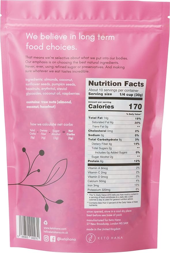 Keto Hana Raspberry Keto Granola Keto Diet Vegan Grain Free Dairy Free Plant Based No Refined Sugars Gluten Free 2g Net Carbs Breakfast Cereal - 11oz