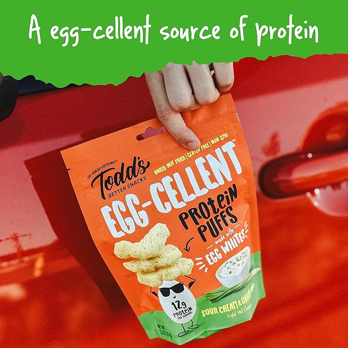 Todd's Better Snacks Egg-Cellent Protein Puffs, Sour Cream & Onion – 12g Protein, Gluten-Free, Paleo-Friendly, Baked, GLP-1 Compliant – Healthy Snack, Made with Egg Whites – 1.2 Oz (Pack of 10)