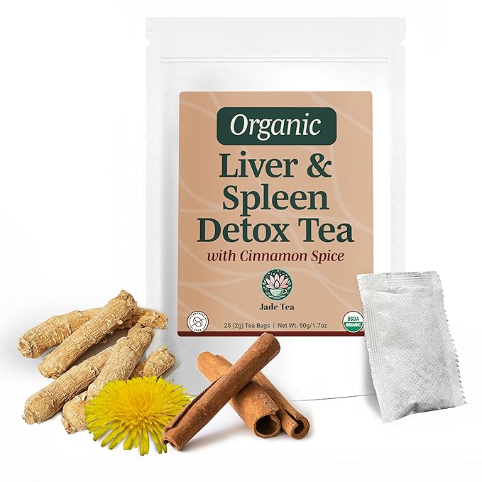 Jade Tea - Organic Liver Detox Tea & Spleen Detox Tea - Organic Dandelion Root, Burdock Root, Ginger Root & Orange Peel - Supports Liver, Gallbladder & and Spleen Health - Cinnamon Spice - Made in USA