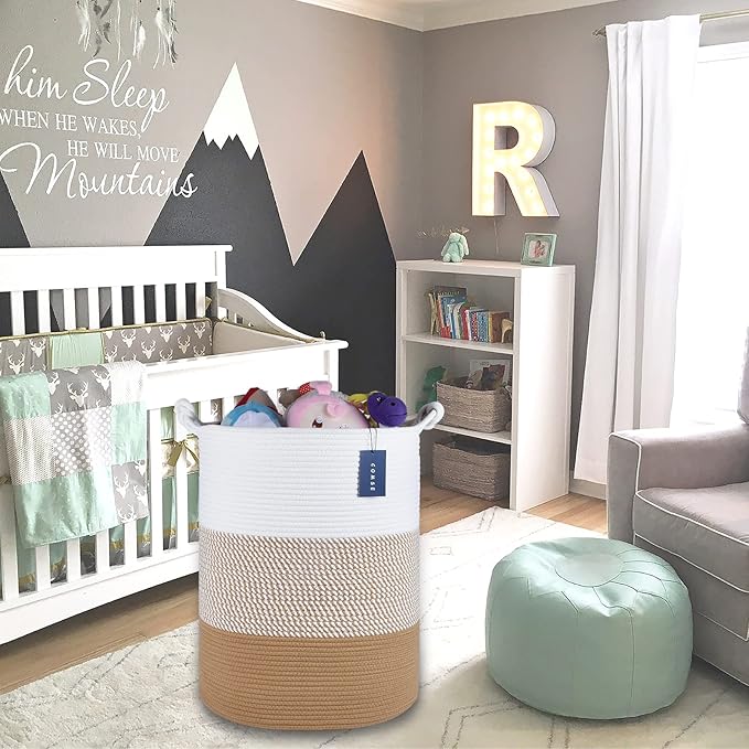 COMSE Extra Large Blanket Basket, Tall Woven Storage Basket, Nursery Hamper, 15.7”x 21.7”, Cotton Rope Laundry Hamper for Toys Clothes Towels, White/Camel