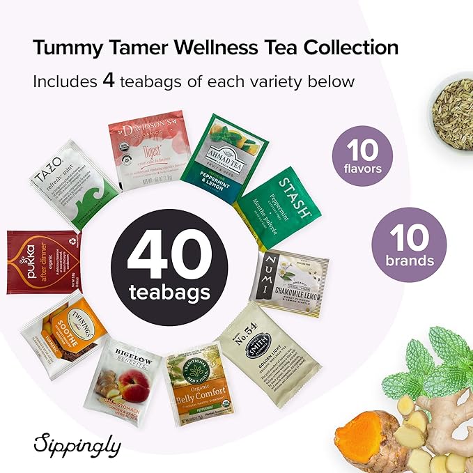 Tummy Tamer Digestion Tea Sampler Gift - 40 Herbal Tea Bags for Digestive Comfort & Wellness - Vegan, Gluten-Free - Ginger, Fennel & Peppermint Tea for Digestive Discomfort