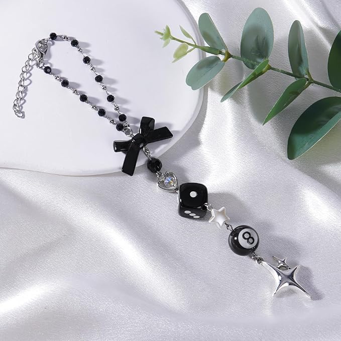 Black Bow Beaded Car Rearview Mirror Chain - Y2K Aesthetic Hanging Charm with 8 Ball & Star Pendant, Cute Car Interior Decor Ornament Accessory, Gift for Women Men