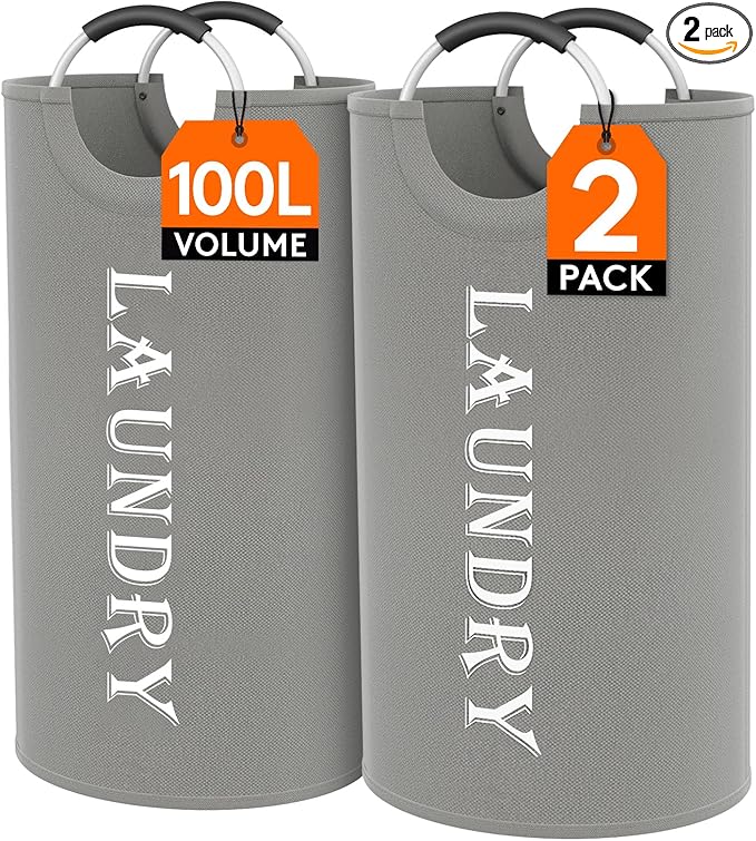 Lifewit 100L 2-Pack Large Laundry Basket, Collapsible Laundry Hamper with Aluminum Handles, Waterproof Freestanding Dirty Clothes Hampers for Laundry Room Bedroom Dorm Bathroom, Silver Grey