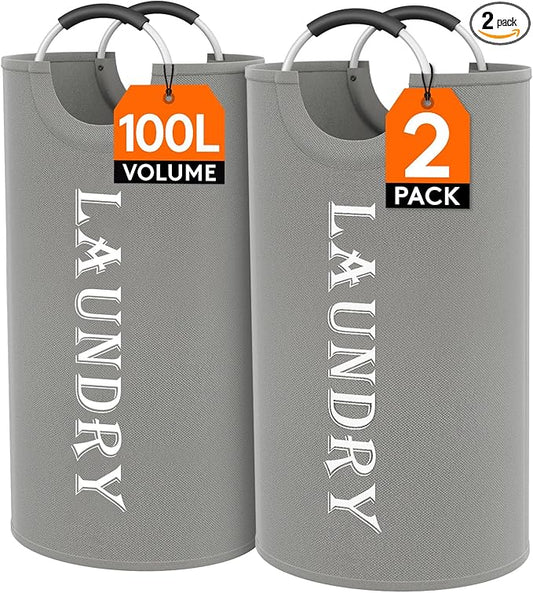Lifewit 100L 2-Pack Large Laundry Basket, Collapsible Laundry Hamper with Aluminum Handles, Waterproof Freestanding Dirty Clothes Hampers for Laundry Room Bedroom Dorm Bathroom, Silver Grey