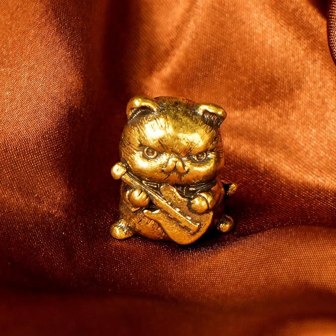 Fierce Rocker Cat Brass Statue - 100% Solid Handcast Guitar Player Sculpture, Vintage Music Lover Gift for Desk, Unique Collectible Animal Art, Handmade Heavy Metal Decor for Musicians & Cat Lovers