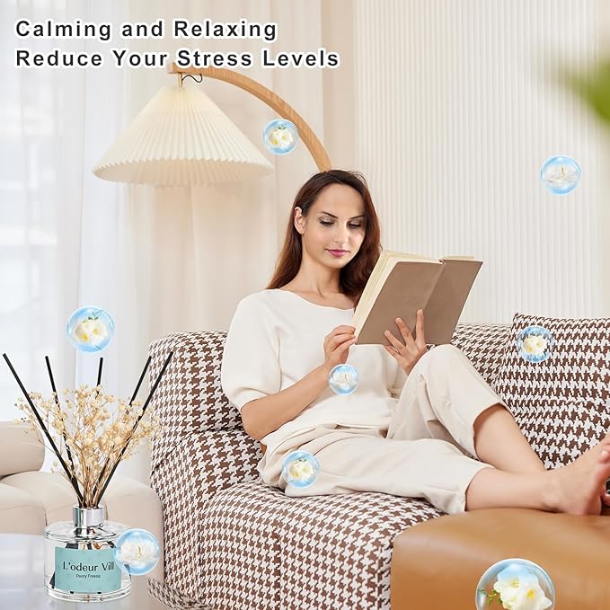 L'odeur Vill Reed Diffuser Set, 6.7 oz(200ml) Peony Freesia Scented Diffuser with 6 Oil Diffuser Sticks, Home Fragrance Essential Oil Reed Diffuser for Home Large Rooms Bathroom Shelf Decor