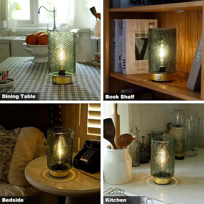 Cordless Lamp Rechargeable Battery Operated lamp, Glass Table Lamp Remote Control - Dimmable Brightness Touch Wireless Bedside Lamp for Bedroom Kitchen Dining Home Living Room Decor Green