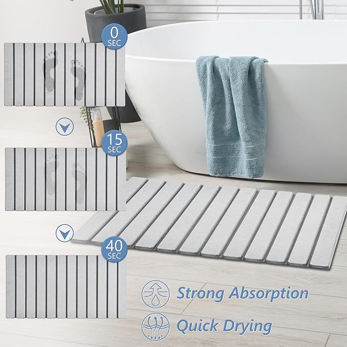 AWW Foldable Stone Bath Mat, Super Absorbent Diatomaceous Earth Mats, Non-Slip 31.5×15.7 Inch Quick Drying Mat, Compact and Easy to Store Bath Mats for Bathroom, Easy to Clean, Light Grey