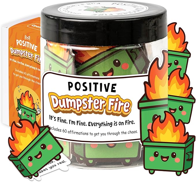 Positive Dumpster Fire Jar, Emotional Supports 60 Affirmation Cards for Women, Dumpster Fire Desk Accessories, Dumpster Fire Zen Garden, Coworker Gifts for Women, Best Gift for Boss