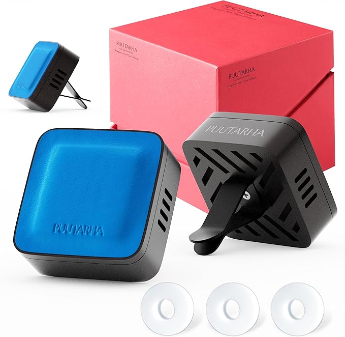 Premium Quality Car Air Freshener Leather and Metal Design Scent Vent Clip Diffuser,New Natural Fragrance Diffuser for Car with 3 Refill Scented Discs and Gift Box(Sky Blue)