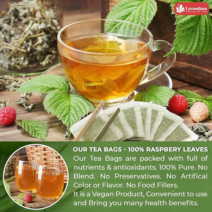 Lavendium, Premium 120 Raspberry Leaf Tea Bags, 100% Natural & Pure. Loose Leaf Raspberry Herbal Tea. No Sugar, No Caffeine, No Gluten, Vegan.