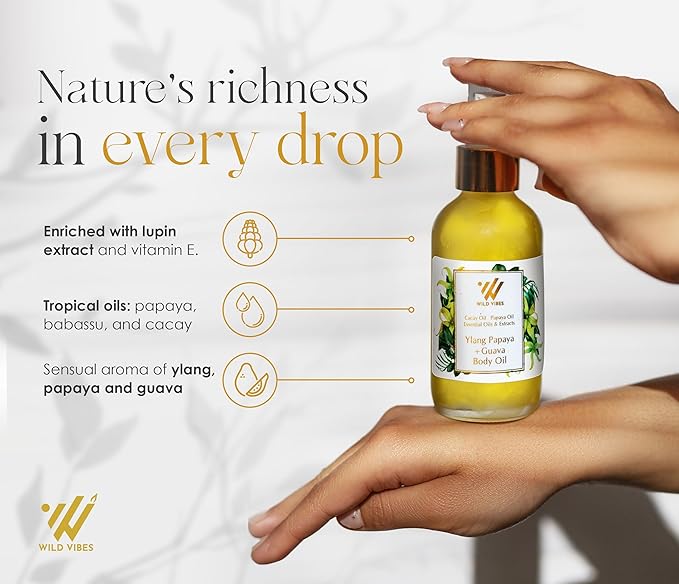 Wild Vibes Ylang Papaya + Guava Luxury Body Oil – Organic Body Oil for Radiant, Hydrated Skin – Collagen-Boosting, Anti-Aging After Shower for Women – 4 oz