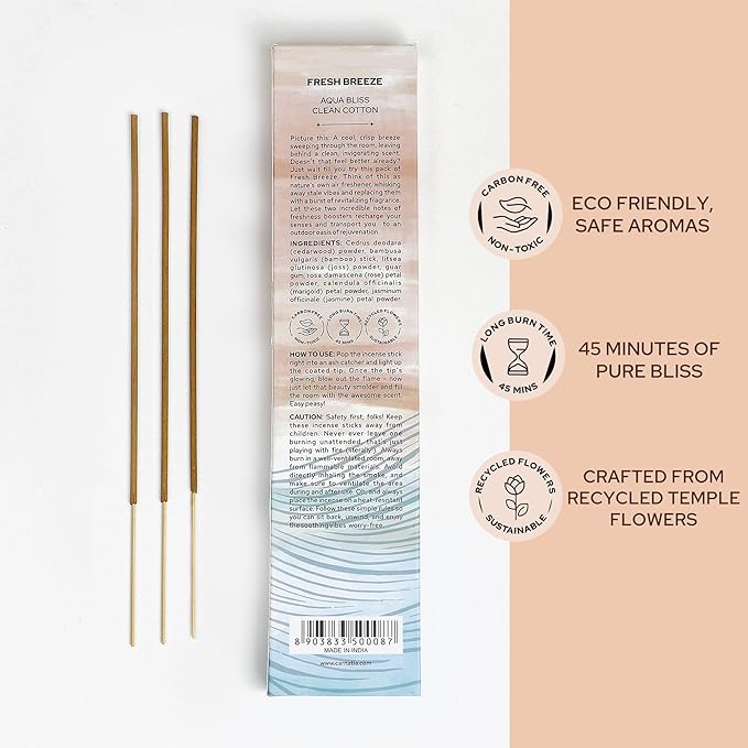 Carnatia Fresh Breeze Incense Sticks – Set of 2 Fresh, Long-Lasting Aromas for Your Home | Unwind with Clean Cotton & Aqua Bliss Scents | Natural, Sustainable Incense for Everyday Calm!
