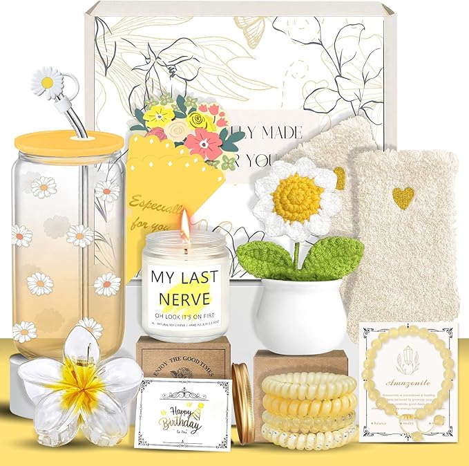 Birthday Gifts for Women, Teen Girls, Her, Unique Happy Birthday Gift Baskets for Best Friend Sister Daughter, Women Gifts Box for Girl Wife Girlfriends, 14pcs Cute Daisy Glass Cups Gift Set(Yellow)