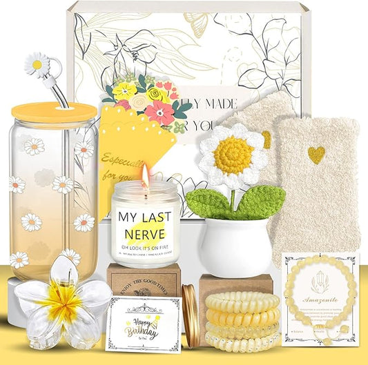 Birthday Gifts for Women, Teen Girls, Her, Unique Happy Birthday Gift Baskets for Best Friend Sister Daughter, Women Gifts Box for Girl Wife Girlfriends, 14pcs Cute Daisy Glass Cups Gift Set(Yellow)