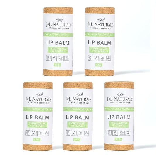 J&L Naturals Sustainable Lip Balm | Organic Ingredients, 100% Natural, Eco-Friendly | Cruelty Free, Vegan, Paraben Free, Silicone Free (Lemongrass & Clove, 5-Piece Bundle)