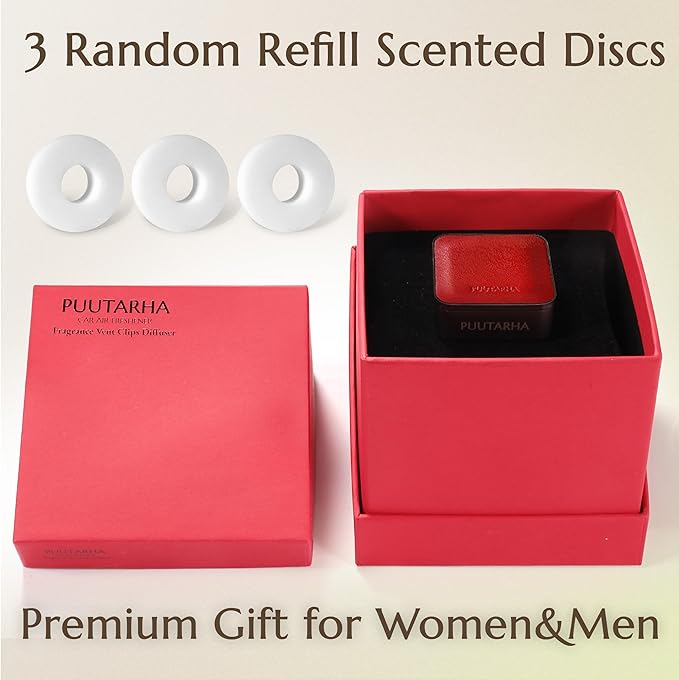 Premium Quality Car Air Freshener Leather and Metal Design Scent Vent Clip Diffuser,New Natural Fragrance Diffuser for Car with 3 Refill Scented Discs and Gift Box(Burgundy Red)