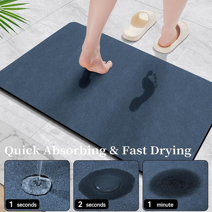 Bath Mat Rugs 32x17 - Diatomaceous Earth Bath Mat Quick Dry Absorbing Bathroom Rugs Rubber Non Slip Thin Bathroom Mat Fit Under Door, Bath Mat for Bathroom Floor, Tub and Shower, Sink, Navy Blue