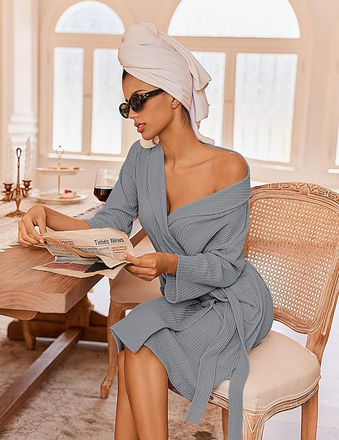 Ekouaer Robes for Women Waffle Knit Bathrobe Lightweight Kimono Robe Knee Length Loungewear with Pockets