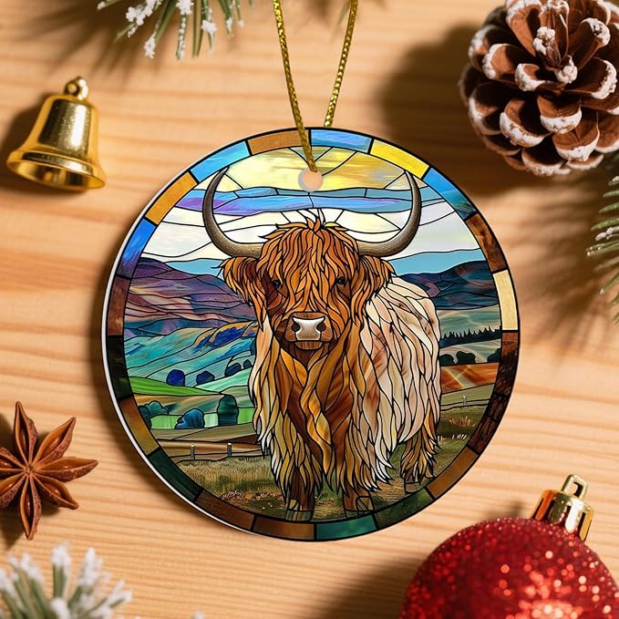 Highland Cow Christmas Ornaments 2025 - Farmhouse Ceramic Tree Decoration, 2-Sided UV Print, for Men Women, Rustic Xmas Decor