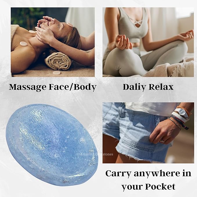 Amazing Gemstone Blue Calcite Worry Stone Crystals and Healing Stones - Worry Stones for Stress Relief Gifts - Piedra Crystal Fidget for Meditation - Unique Stocking Stuffers and Birthday Gifts