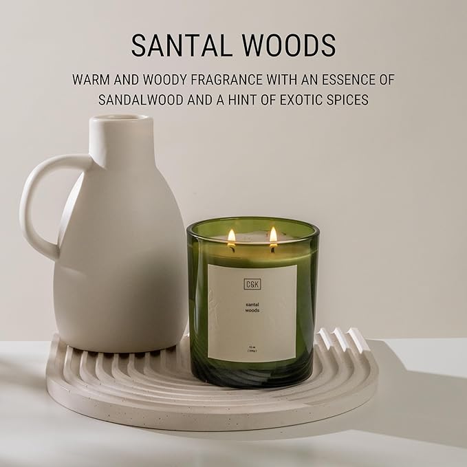 Craft & Kin 12oz Santal Woods Candle for Home | Premium Green Fall Scented Candles for Men | Made with Natural Soy | Gifts for Men and Women | Nature Collection