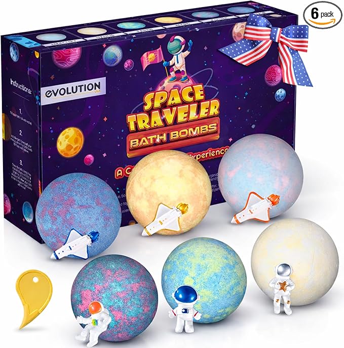 EvolutionUSA Space Bath Bombs for Boys & Girls, 6 Planet Bath Balls with Toy Hidden Inside, Organic Hypoallerganic Childrens Bathbombs, Cosmic Fun Space Surprise, Gift Set Birthday, Christmas, Easter