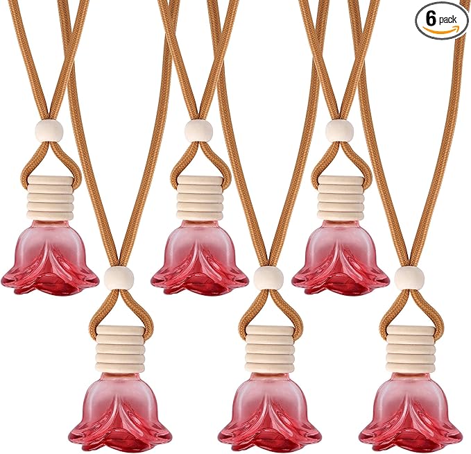 6Pcs Flower Car Air Freshener Diffuser, Hanging Rose Perfume Bottle Refillable Essential Oil Pendant for Auto & Home Decor (Red)
