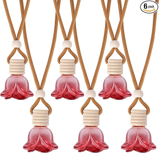 6Pcs Flower Car Air Freshener Diffuser, Hanging Rose Perfume Bottle Refillable Essential Oil Pendant for Auto & Home Decor (Red)