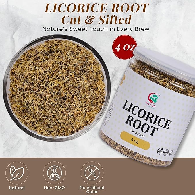 Licorice Root 4oz, Cut and Sifted, 100% Pure & Natural Dried Licorice Root, Premium Quality, Ideal for Tea, Herbal Blends, and Wellness Uses - By Yogi’s Gift®