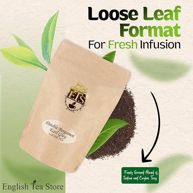 Double Bergamot Earl Grey Tea - 4oz | Loose Leaf Tea Pouches | English Tea Store Blend | Strong Citrus Flavor with Indian & Ceylon Black Tea | Hot or Iced Tea Brewing