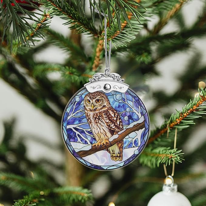 Christmas Tree Ornaments 3 Inch Clear Glass Blanks Round Print Ornament Christmas Hanging Decorative with Silver Ribbon (Owl)