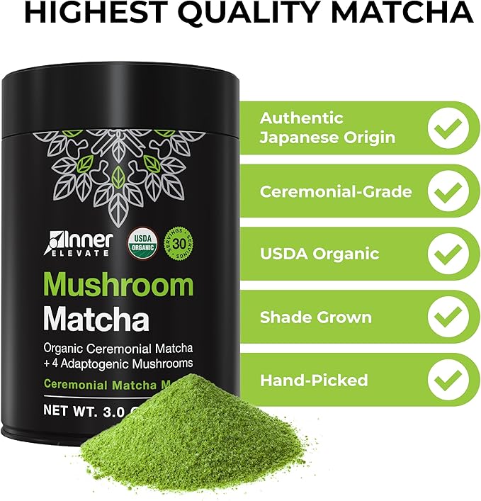 Inner Elevate Mushroom Matcha - Organic, Ceremonial-Grade Matcha Powder with 4 Superfood Mushrooms - Adaptogenic Mushroom Tea Drink with Lion's Mane, Cordyceps, Turkey Tail, Reishi (30 Servings)