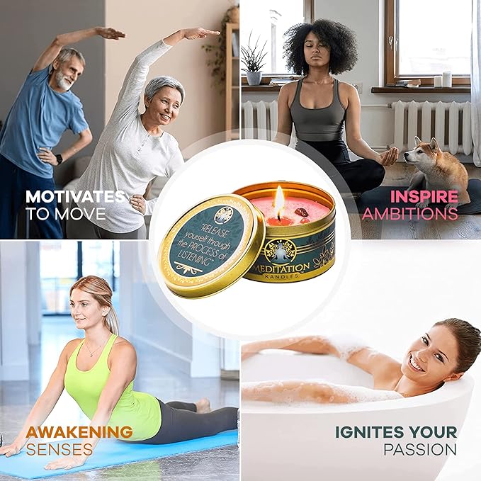 Meditation Candles with Crystals | Natural Aromatherapy Candles for Relaxation & Healing | Stress Relief Candles for Yoga, Meditation & Self Care | 4 Pack Gift Set