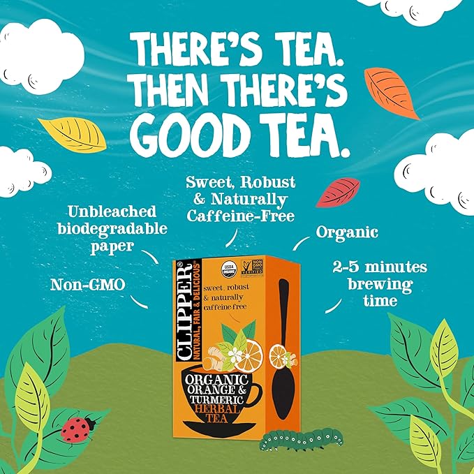 Clipper Tea, Orange & Turmeric, Organic Tea with Licorice Root, Orange Peel and Hibiscus, Plant Based Herbal Tea, Caffeine Free British Tea, 1 Pack, 20 Unbleached Tea Bags
