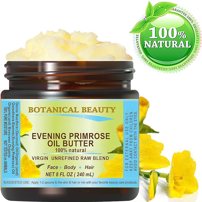 Botanical Beauty EVENING PRIMROSE OIL BUTTER Pure Natural Virgin Unrefined RAW for FACE, SKIN, BODY, DAMAGED HAIR, NAILS. (8 Fl Oz)