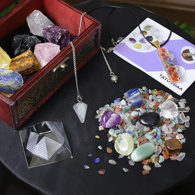 Crystals and Healing Stones, 21 Pcs Healing Crystals Set, 7 Chakra Crystal Stones Set Real Natural Raw Selenite Pyramid Reiki Energy Meditation Chakra Kit with Wooden Box, Crystal Gifts Set for Women