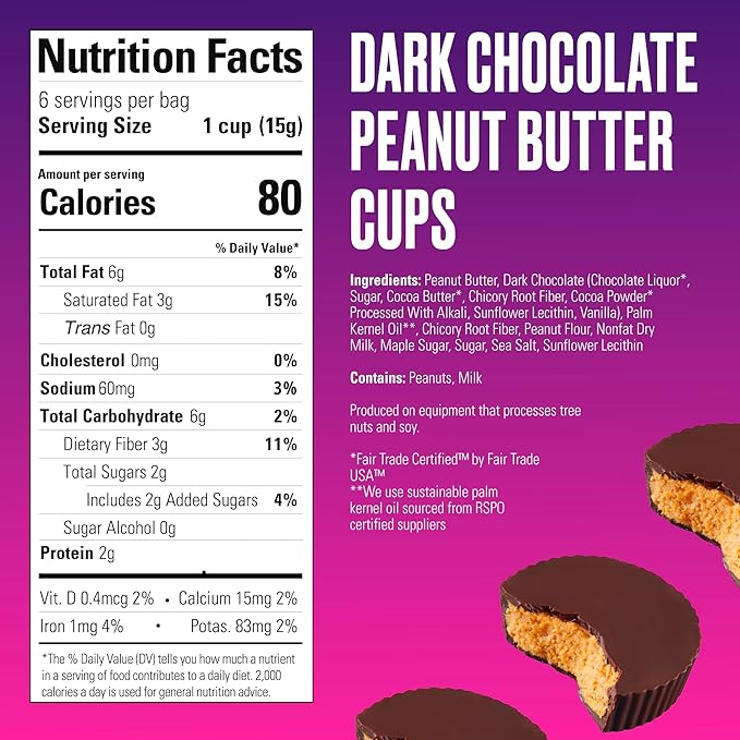 SkinnyDipped Dark Chocolate Peanut Butter Cups, 2g Sugar per Cup, Keto Friendly, Low Carb, Gluten Free, 3.2oz, 4 Pack (24 Cups Total)