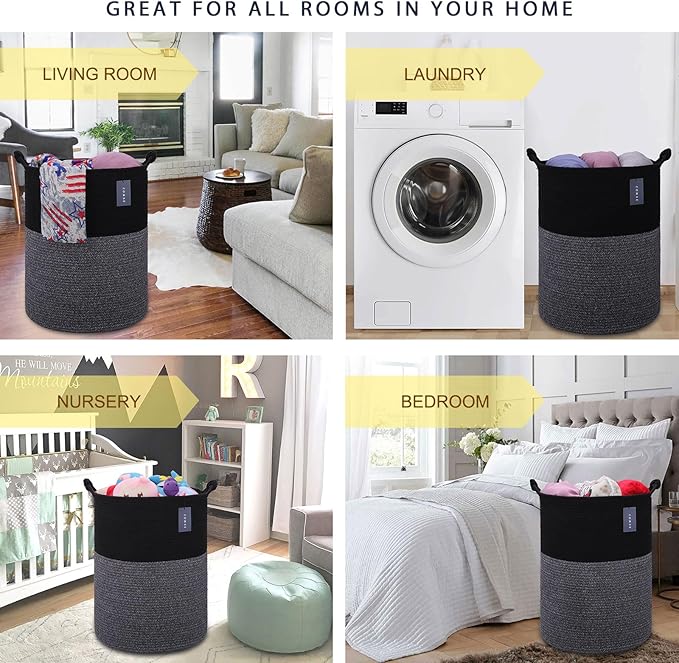 COMSE Extra Large Blanket Basket, Tall Woven Storage Basket, Nursery Hamper, 15.7”x 21.7”, Cotton Rope Laundry Hamper for Toys Clothes Towels, Black