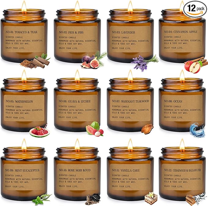 12 Pack Aromatherapy Candles for Home Scented, Aromatherapy Jar Candle Gifts for Women, Natural Soy Wax Amber Candle Set, Scented Candles Set for Birthday Valentine Birthday Day Present