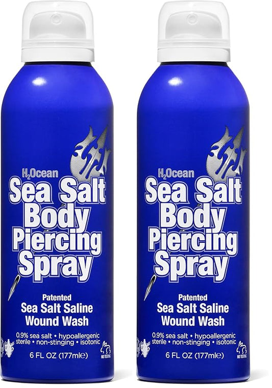 H2Ocean Sea Salt Body Piercing Spray - Saline Piercing Spray for Piercings & Body Modifications - Drug-, Preservative- & GMO-Free Vegan Piercing Aftercare - 6 oz (Pack of 2)