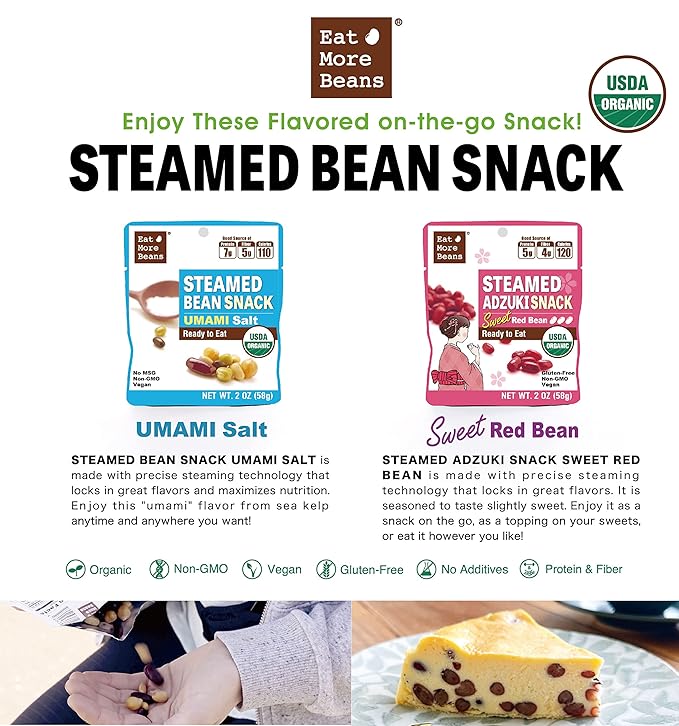 【Eat More Beans】 STEAMED BEAN SNACK -UMAMI Salt USDA Certified Healthy Vegan Snacks Ready to Eat Fully Cooked- Box of 10 packs(2oz, 10packs)