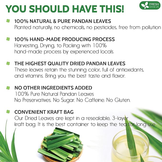 FreshDrinkUS, Premium 8oz Natural Pandan Leaves Dried, 100% Pure Dried Pandan Leaves, Pandan Leaf Tea, No Additives, No Caffeine, Vegan (8 oz Dried Leaves)