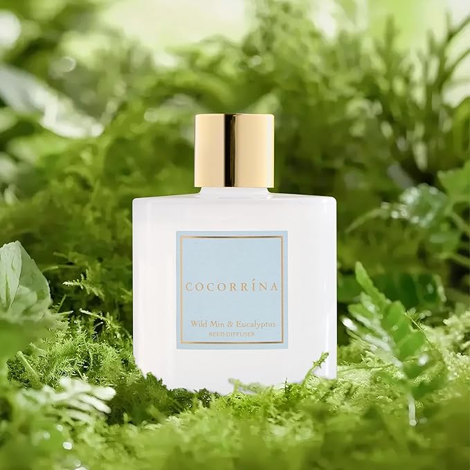 COCORRÍNA Reed Diffuser - Wild Mint & Eucalyptus 6.7 Fl.oz Reed Diffuser Set with Sticks & Preserved Baby's Breath, Reed Diffuser for Home Bathroom Shelf Decor