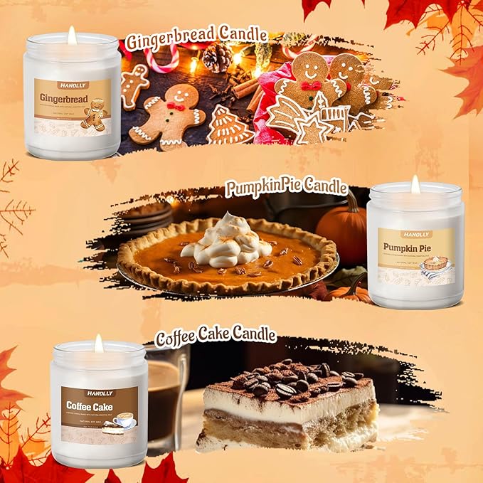 Halloween Fall Candles Set,6 Pack Fall Candles for Home Scented, Candle Gift Set,Soy Wax Long Lasting Jar Candle of Pumpkin Pie,Coffee Cake,Gingerbread,Chocolate Cookie,Cherry Cheesecake Aromatherapy